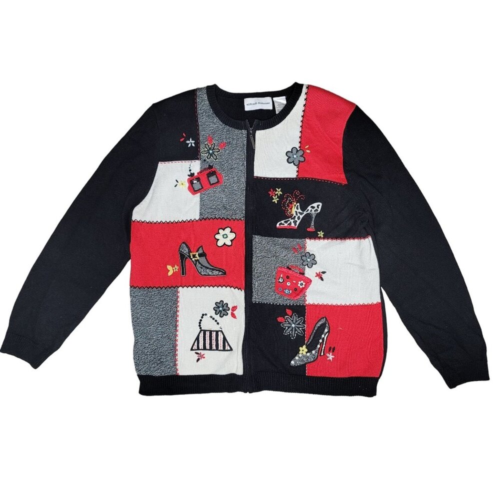 Alfred Dunner Patchwork Sweater Size L Black Red Embroidered Details Long Sleeve